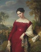 Eduard Friedrich Leybold Portrait of a young lady in a red dress with a paisley shawl Spain oil painting artist